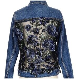 Suzy T Designs Sz L Lace Back Denim Jacket Blue Statement Couture Floral Boho